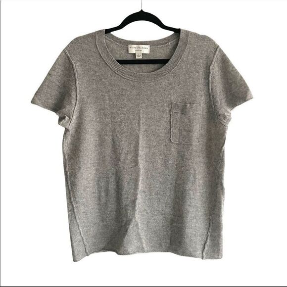 𝅺WHITE & WARREN Cashmere Crew Neck Short Sleeve Knit Sweater Grey L - Picture 1 of 5